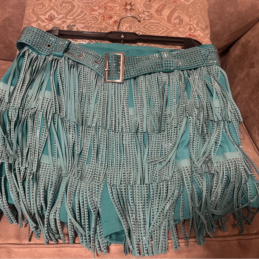 Lucky & Blessed Turquoise Fringe Mini Skirt with Studded Belt